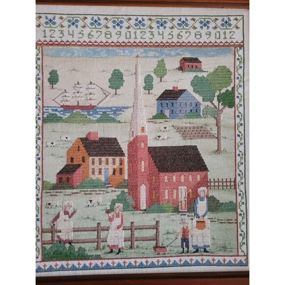 80s Needlepoint Crosstitch Cathy Needlecraft Colonial Village Framed Sampler - Picture 2 of 5